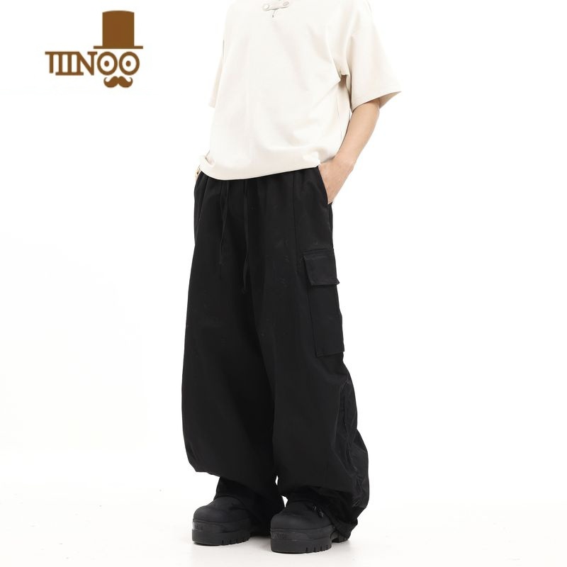 YANXU美式复古褶皱可束脚宽松工装裤嘻哈百搭阔腿拖地街头直筒休闲裤男高清大图