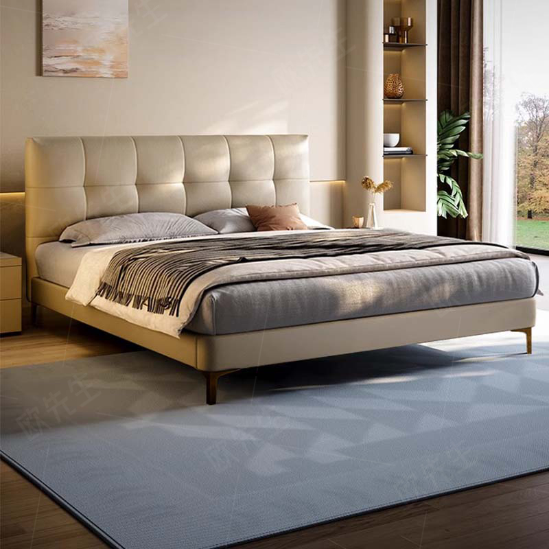 豆腐块头层牛皮床主卧次卧双人大床实木真皮极简婚床高清大图