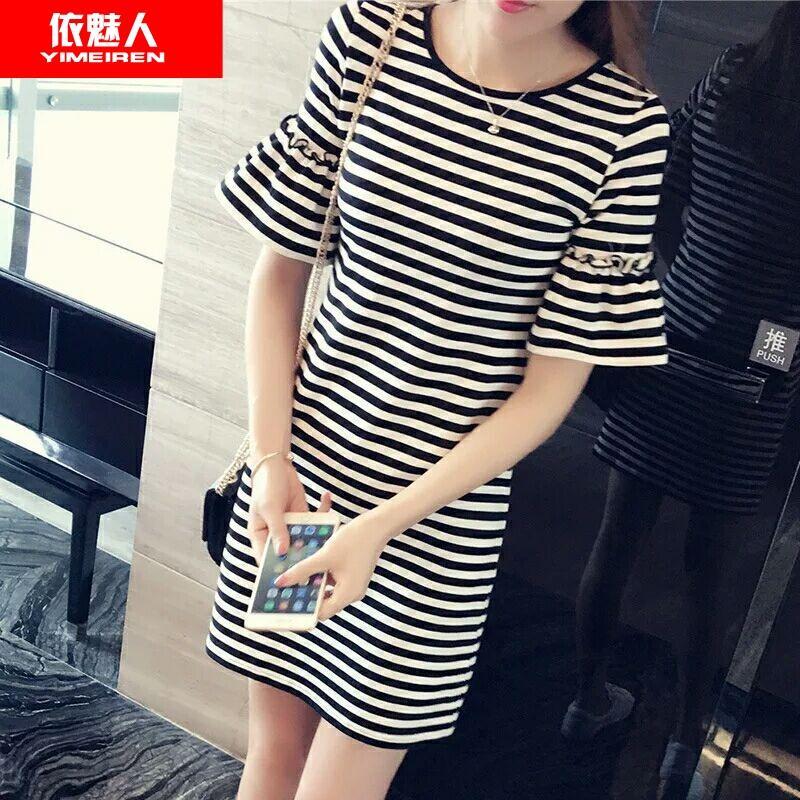 依魅人2019条纹连衣裙夏装新款韩版圆领修身