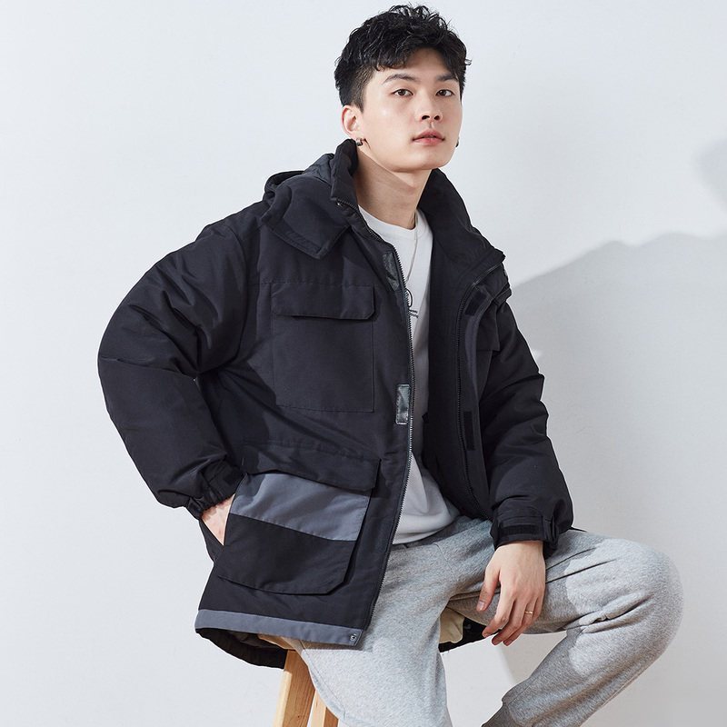 唐狮01冬季新款羽绒服男口袋拼接可脱卸短款连帽羽绒服秋冬_239 XL 黑色