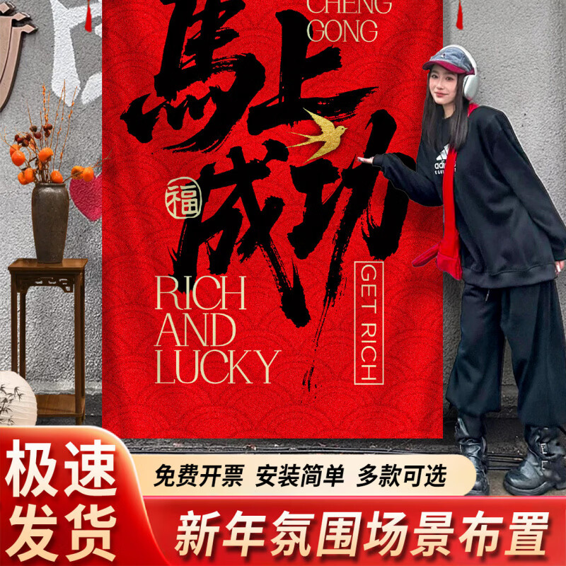 新年春节场景布置装饰2026马年门店铺橱窗氛围拍照挂布条幅背景布 马上成功【挂布+配件套餐】
