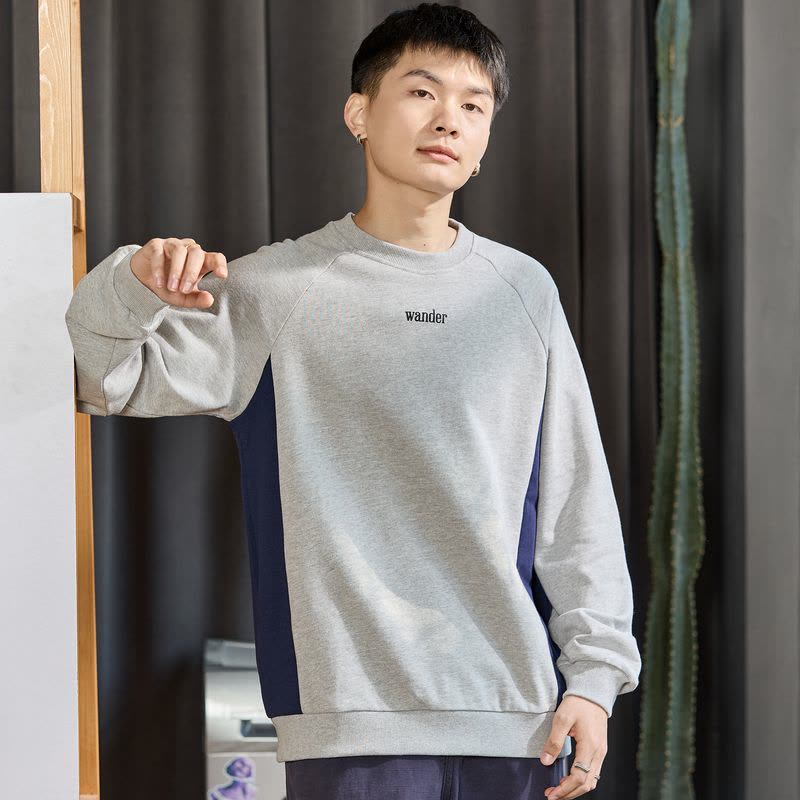 唐狮春秋季新款圆领卫衣男士灰色拼接长袖套头潮牌外套上衣服图片