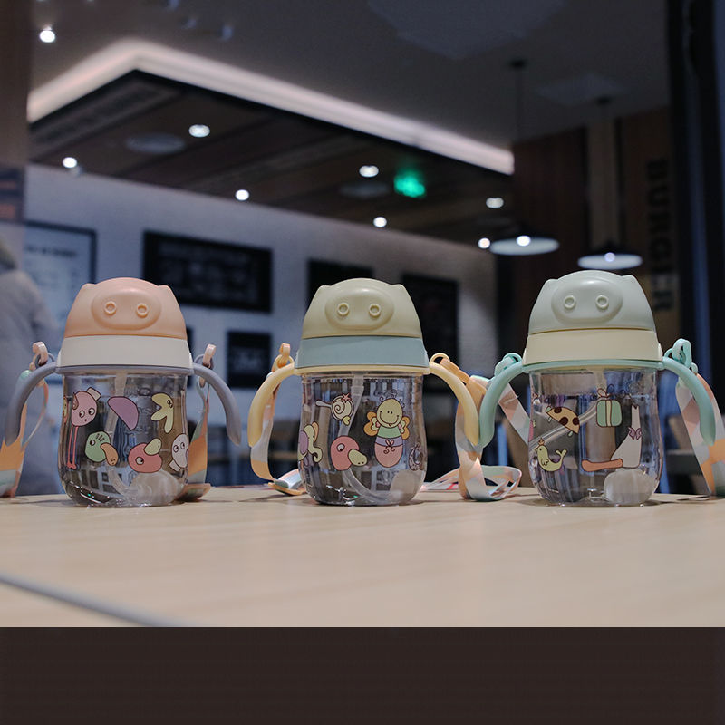 儿童两用吸管杯刻度提绳手柄两用水瓶幼儿园宝宝学饮咬吸防呛杯子 三色混装+提绳 水杯一个