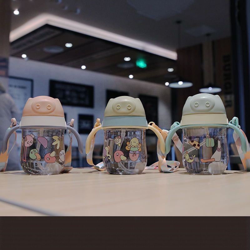 儿童两用吸管杯刻度提绳手柄两用水瓶幼儿园宝宝学饮咬吸防呛杯子 三色混装+提绳 水杯一个