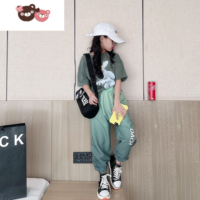 绿彩虹光女童夏装套装儿童夏季洋气短袖上衣女大童韩版网红时髦运动两件套