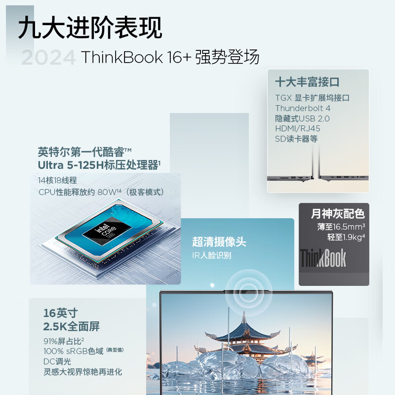 ThinkPad联想ThinkBook 16+ 2024 AI全能本 英特尔酷睿Ultra5 125H 16英寸轻薄办公笔记本电脑(16G 2T 2.5K 120Hz)