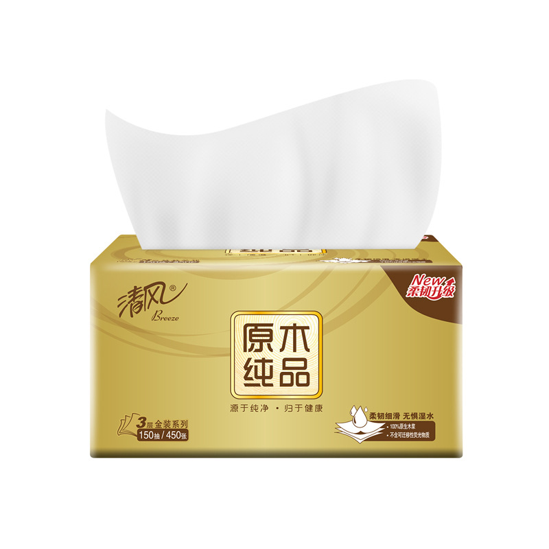 清风中号抽纸BR36MJ抽纸 金装原木纯品3层150抽*3包/提高清大图