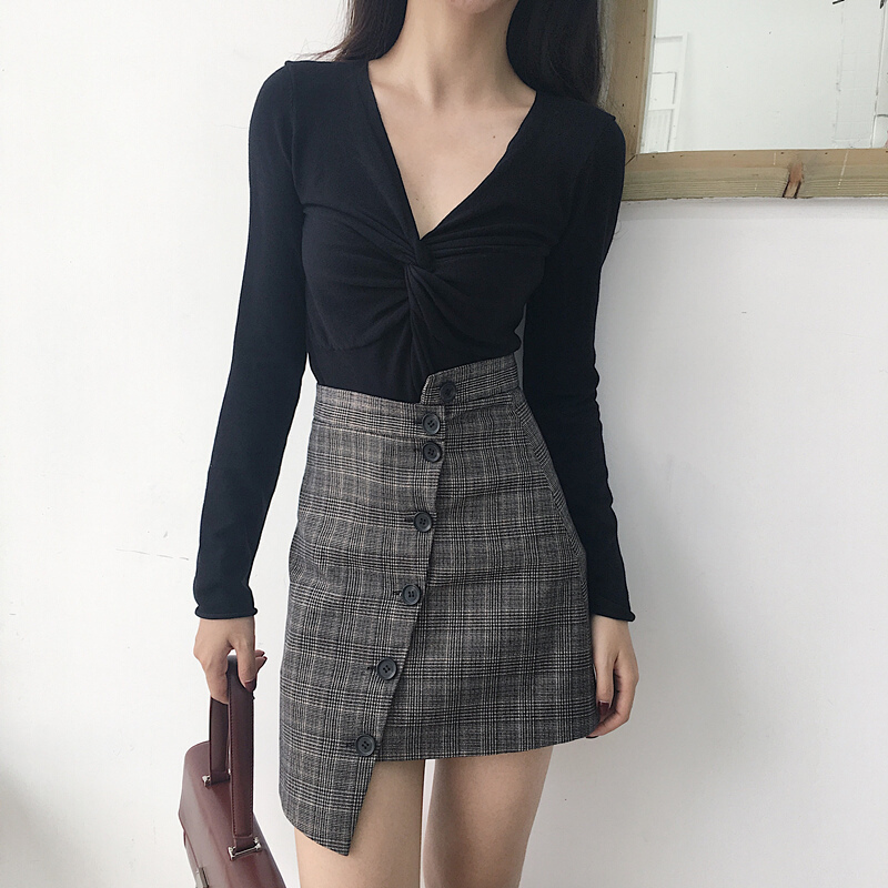 秋季韩版百搭复古格子排扣不对称半身裙气质显瘦中长裙潮女