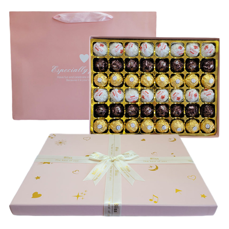 费列罗FerreroRocher榛果威化巧克力48粒纸盒圣诞送礼盒装(配礼袋-可代写贺卡) 粉色蝴蝶结48颗（三色装好发）