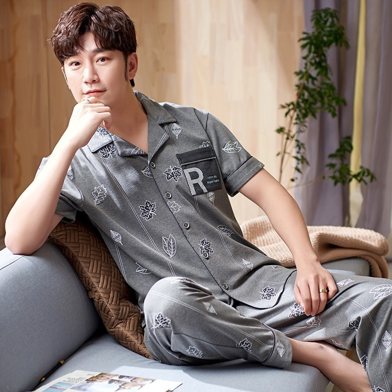 俞兆林二件套睡衣男士夏季棉质短袖长裤开衫家居服薄款宽松大码可外穿