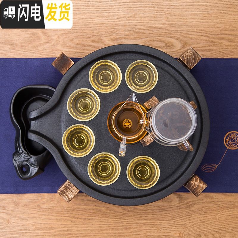 三维工匠 日式自动茶具 耐热玻璃半全自动功夫茶具套装 创意懒人泡茶 套餐六[黑陶石茶盘+盛水器]