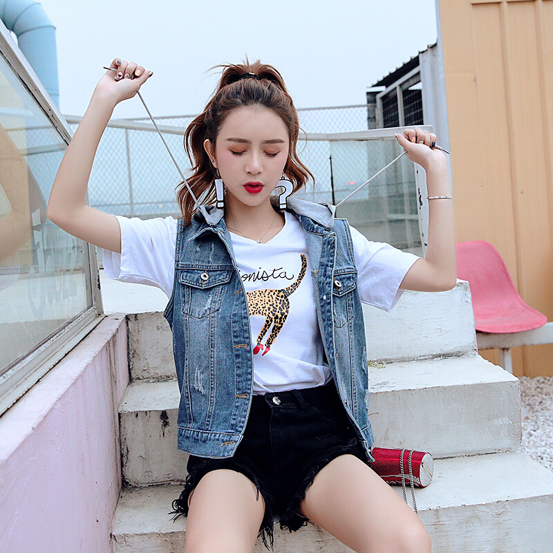 春夏韩版修身短款大码无袖连帽牛仔马甲背心女装坎肩上衣破洞外套牛仔蓝