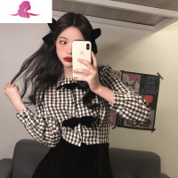 艳如飞法式乖巧女~气质蝴蝶结格子衬衣+丝绒高腰中长款半身裙女衬衫