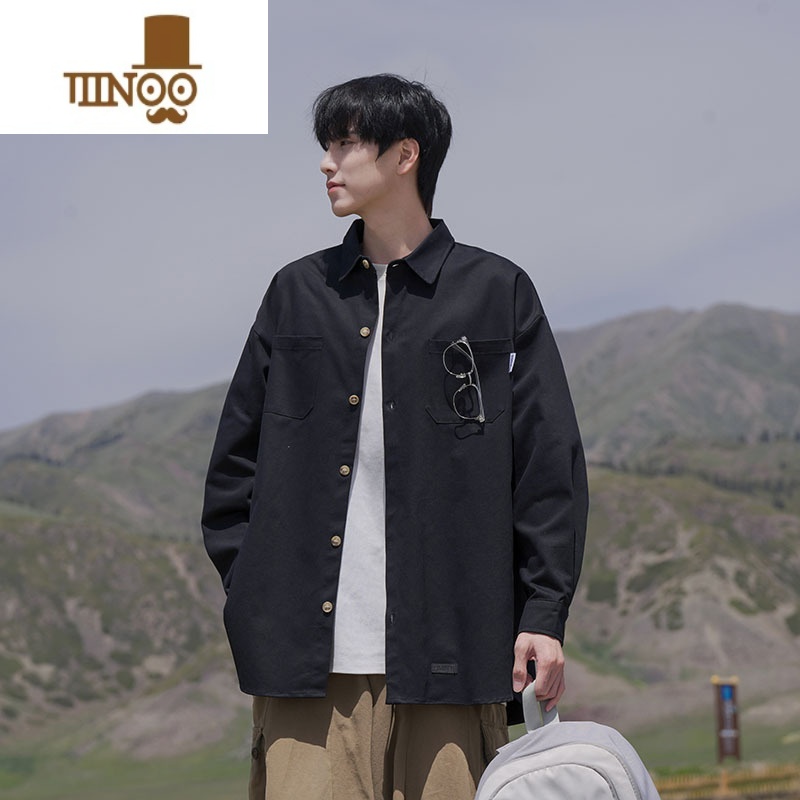 YANXU日系复古工装长袖衬衫男新款潮牌宽松休闲潮流百搭衬衣外衣高清大图