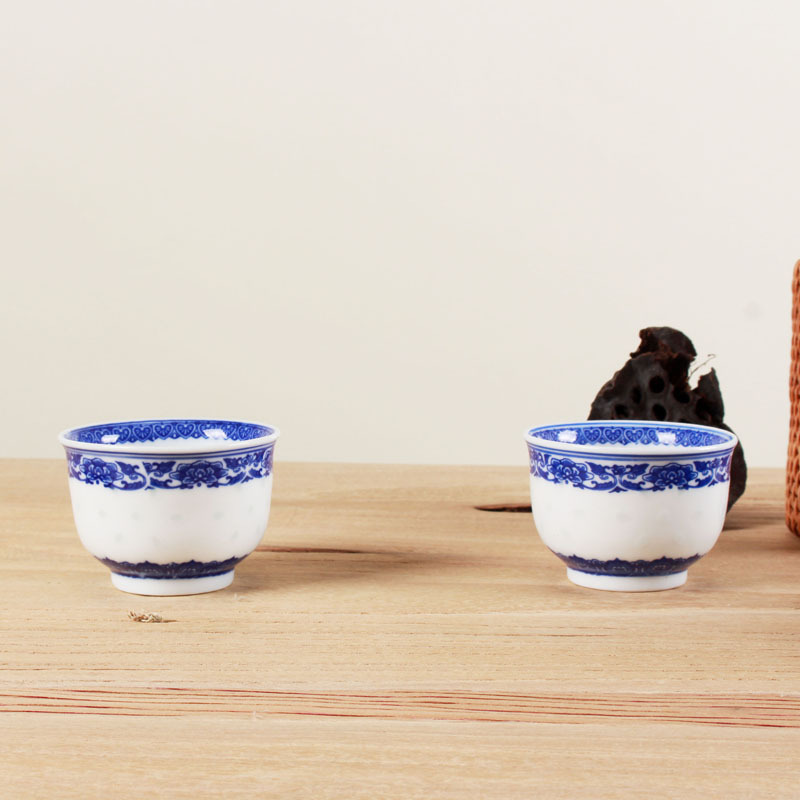 LICHEN 景德镇青花玲珑瓷牡丹花茶杯 通透陶瓷釉下彩茶杯子 100ml容量
