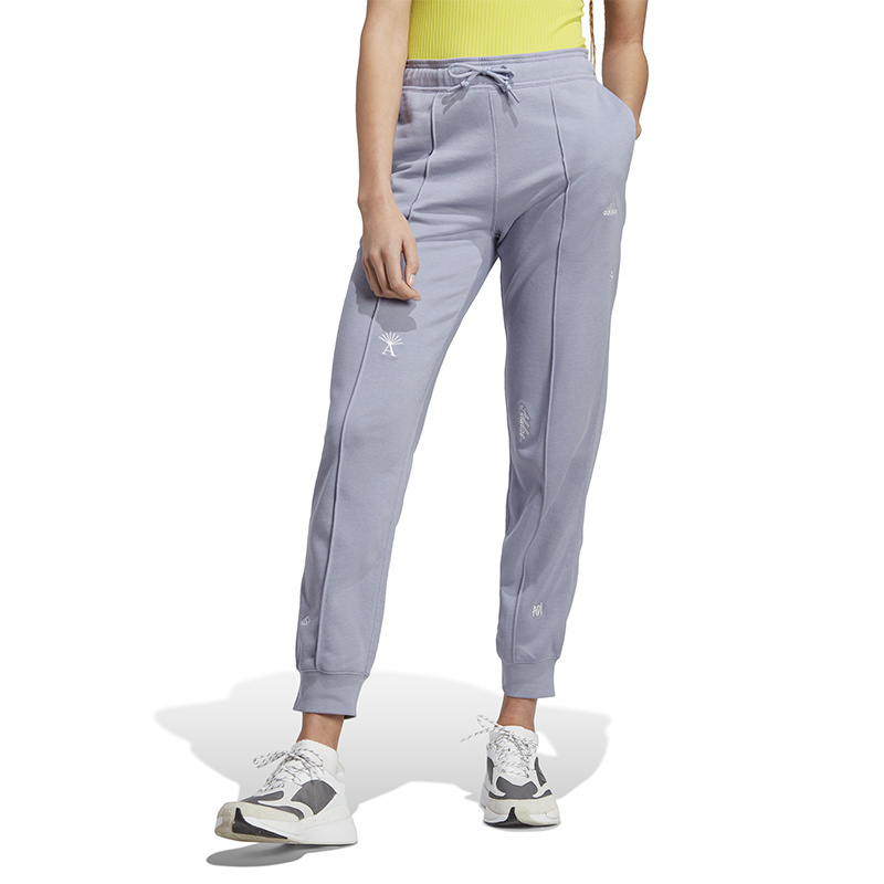 adidas 纯色Logo字母印花高腰束脚运动长裤 女款 银灰紫罗兰 IC0808