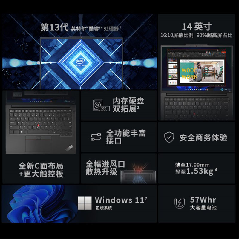 联想ThinkPad E14 英特尔酷睿i5-13500H 14英寸轻薄商务办公笔记本电脑(40G 1T 高清屏)