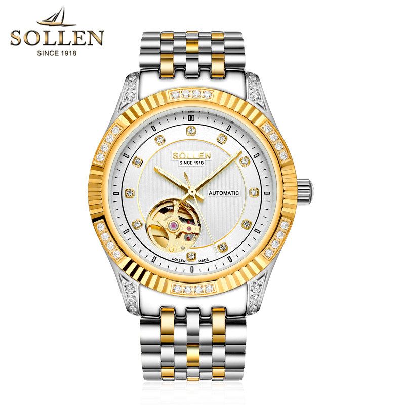 梭伦(SOLLEN)新款手表正品自动机械表男表陀飞轮夜光时尚休闲正装钢带防水男士手表SL-9006高清大图