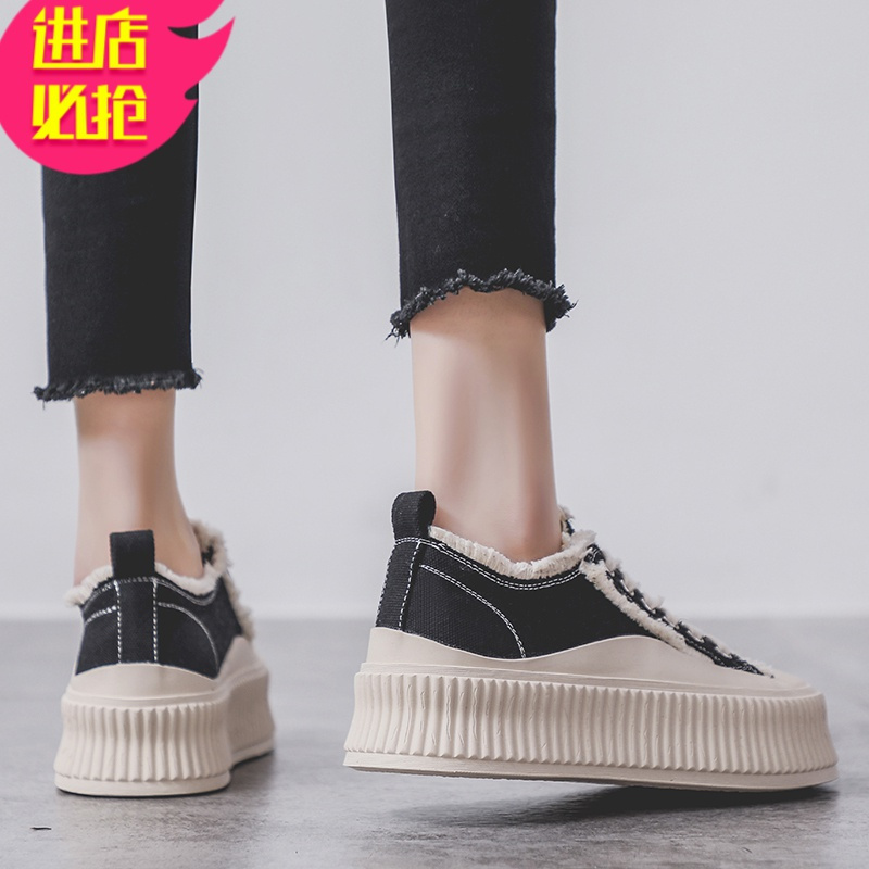 金三志帆布鞋女2021年新款ulzzang百搭厚底黑色低帮休闲鞋子女春秋ins潮帆布鞋