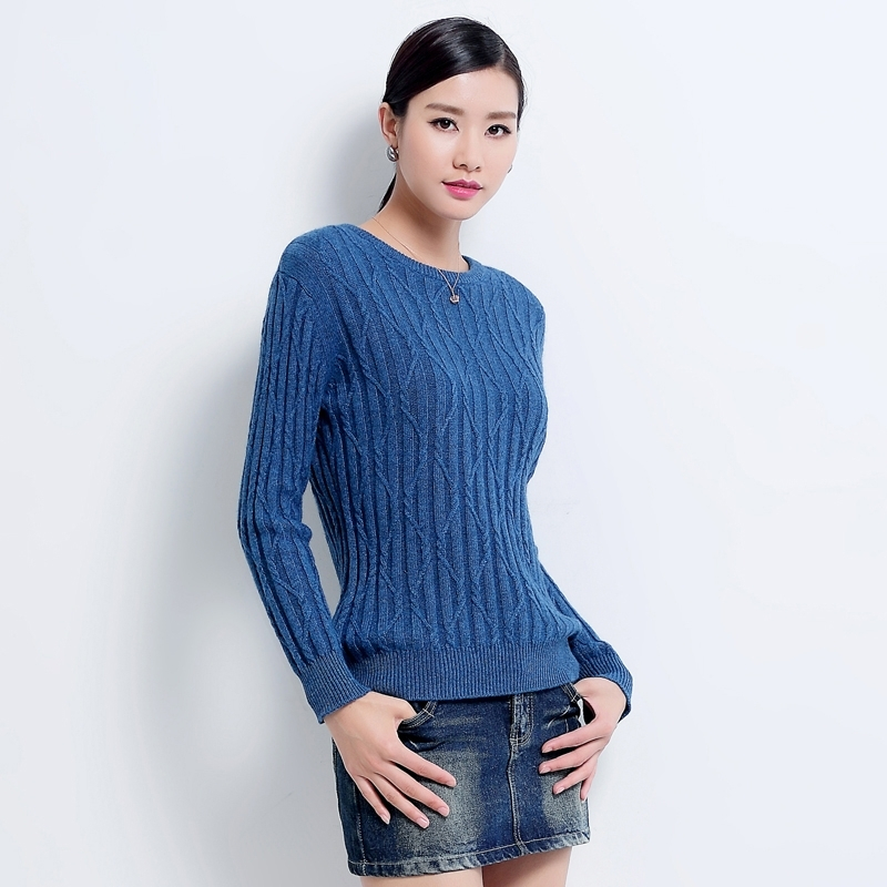 秋冬女式山羊绒衫韩版纯色圆领菱形修身羊绒衫加厚针织毛衣