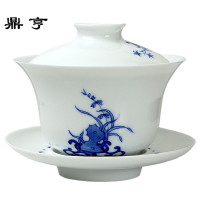 鼎亨 景德镇原创兰花石盖碗 手绘青花瓷三才大号泡茶碗 茶具