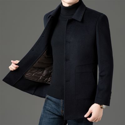 双面呢羊绒大衣可拆卸鹅绒羽绒内胆翻领羊绒呢子连帽双面呢羊绒大衣爸爸保暖秋冬装纯羊毛西装外套冬装新款毛呢外套潮大码男装 中长款/藏青(可拆卸内胆） L