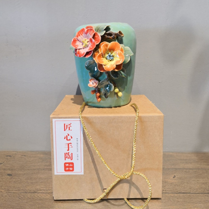 手工陶瓷花瓶水培植物干花客厅家居装饰小摆件石湾公仔 三维工匠 款四(红色小口花)高清大图