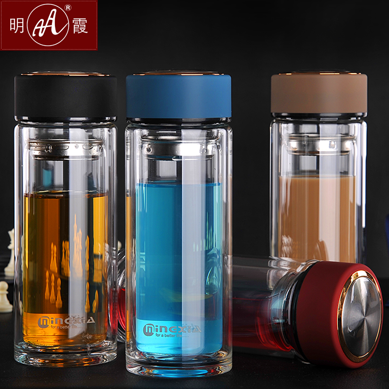 家柏饰(CORATED)双层玻璃杯 便携过滤带盖水杯 男女创意车载茶杯耐热杯子大 绅士蓝320高清大图