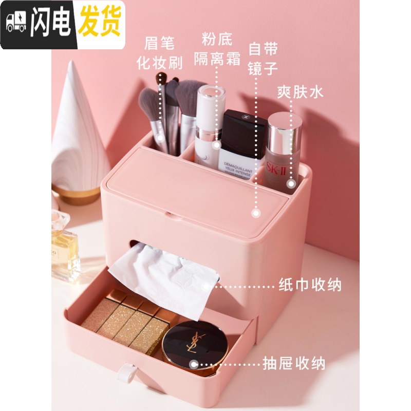 三维工匠抽屉式化妆品收纳盒抽纸巾盒宿舍整理口红刷护肤桌面梳妆台置物架高清大图