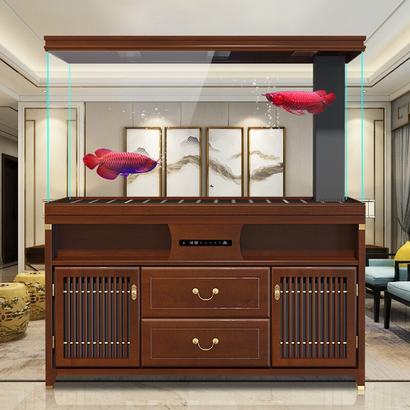 汉霸实木超白玻璃龙鱼缸新中式客厅大型家用隔断墙玄关金鱼缸