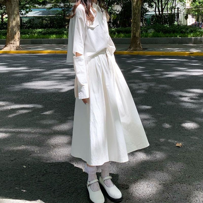 Moses Queen 韩版宽松百搭气质学院风显瘦简约白色高腰半身裙女潮 白色 M