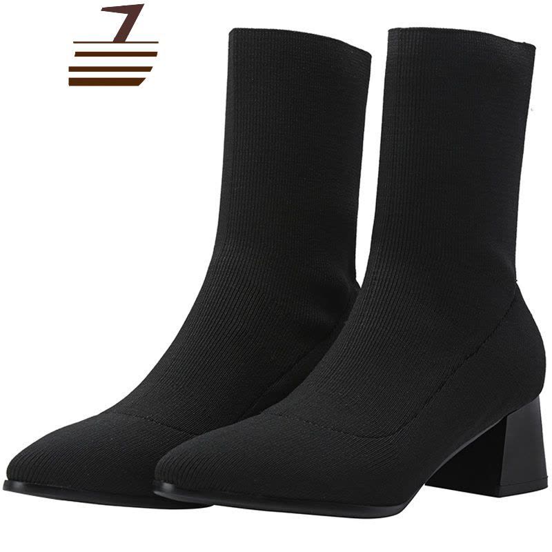 尗卡新款单靴黑色针织毛线粗跟中跟短靴女尖头弹力袜靴马丁靴女士靴子图片