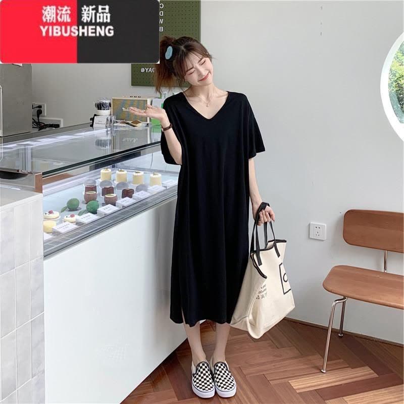 YIBUSHENG慵懒风特大码300斤季韩版短袖胖MM遮肉条纹露背长款T恤连衣裙女图片