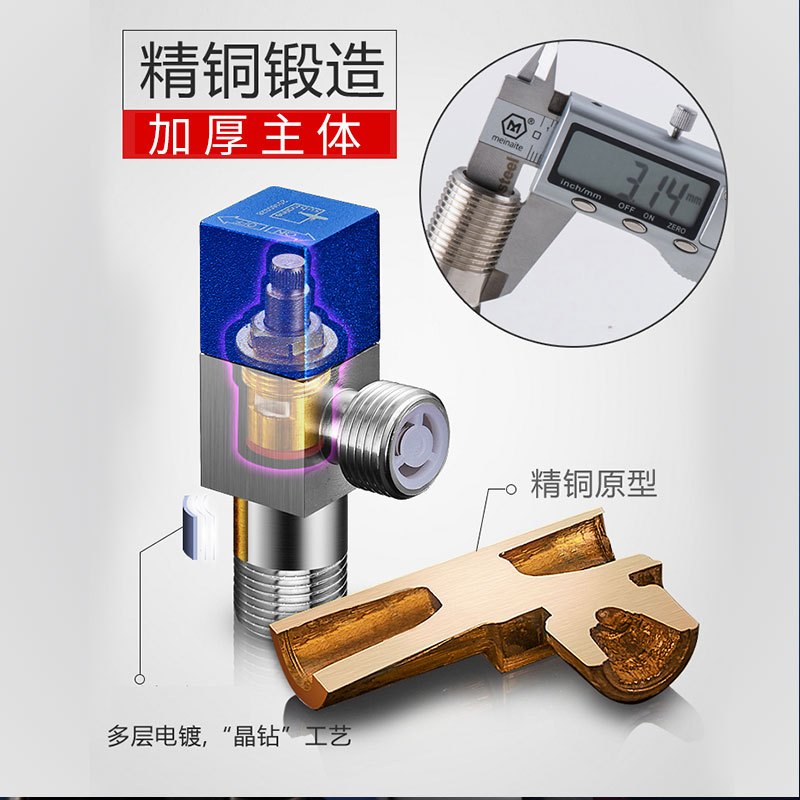 潜水艇角阀全铜三角阀冷热水加长角阀三通阀卫浴阀门球阀水龙头软管断水阀F302 F301套装4蓝3红