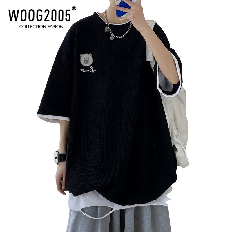 WOOG2005假两件华夫格t恤oversize无性别刺绣重磅vtg短袖男体恤夏