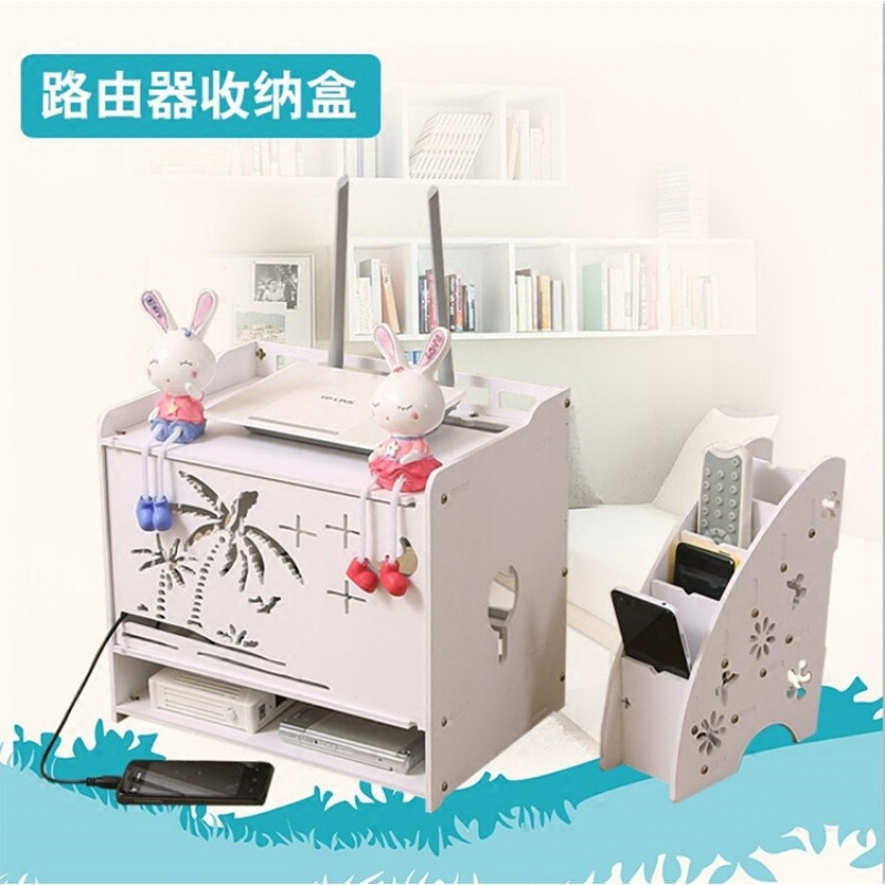 多功能机顶盒路由器收纳盒电线收纳盒理线理线盒插座猫收纳可壁挂乳白色二层中号笑脸