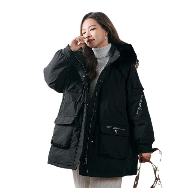 新款纯色简约羽绒服女抽绳宽松加厚韩版大毛领外套派克服高清大图