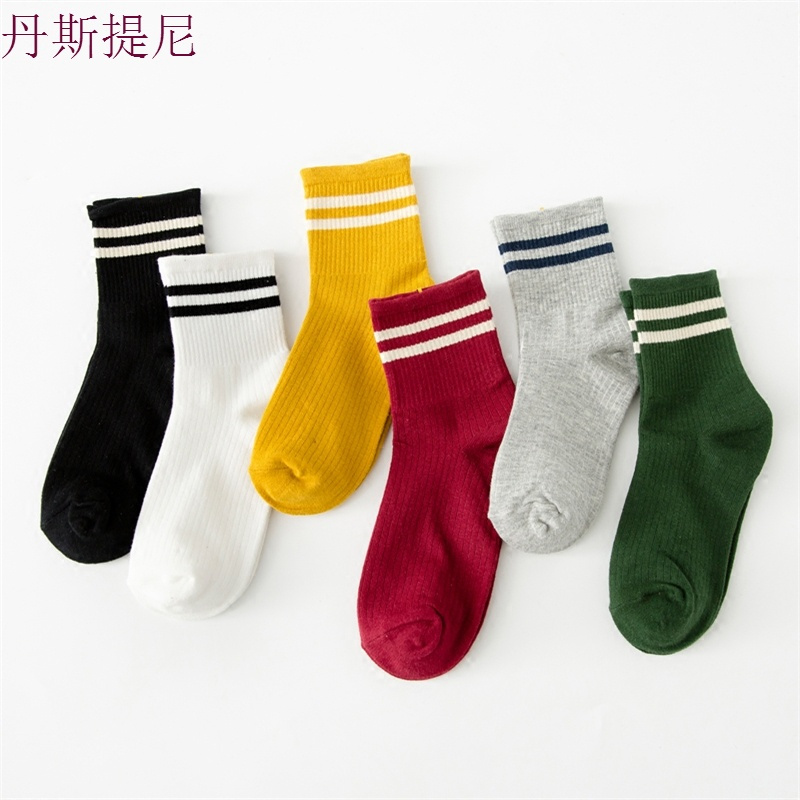 3双装中筒袜子女纯棉韩版学院风二条杠个性百搭运动长袜子春秋潮