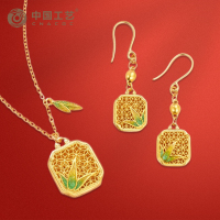 足金999古法珐琅花枝俏系列竹子套链 耳饰 耳饰5.58克