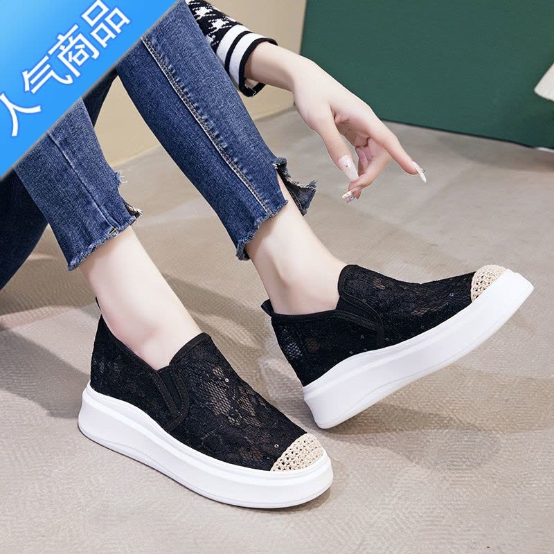 SUNTEK小码313233蕾丝渔夫鞋女内增高厚底亮片一脚蹬小个子乐福鞋透气34图片