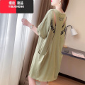YIBUSHENG短袖t恤女韩版百搭宽松中长款假两件露背半袖上衣过膝连衣裙中