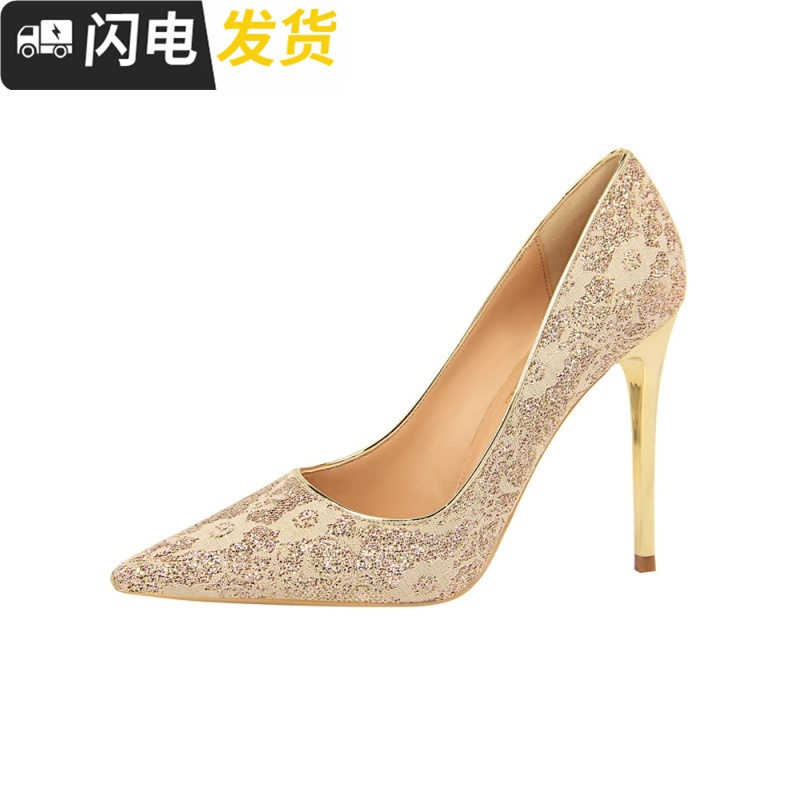 欧美宴会尖头亮闪闪蕾丝高跟鞋女复古新款细跟单鞋复古风性感婚鞋启如休闲鞋