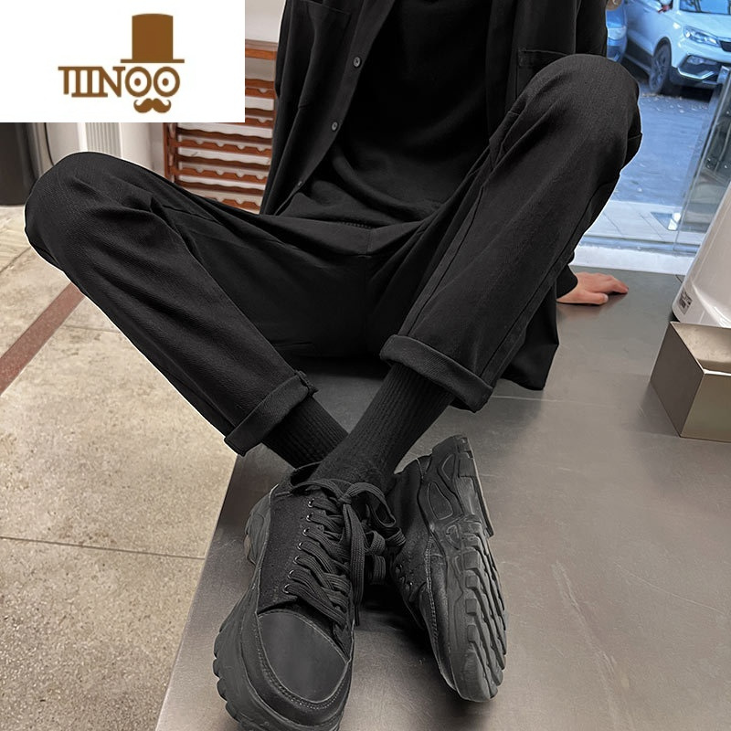 yanxu搭配马丁靴的裤子男款感痞帅纯黑色牛仔裤修身小脚直筒烟管裤