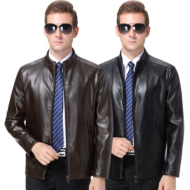 收藏送皮油 春秋绵羊皮正品海宁真皮皮衣男士外套飞行员棒球领羊皮夹克中青年韩版修身棒球服单皮大码中年爸爸装防雨防风外套图片