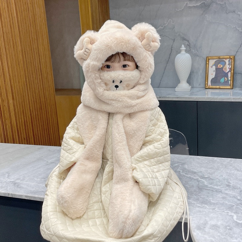 儿童帽子冬季保暖女童毛绒帽围巾一体帽新款挡风口罩手套男宝高清大图