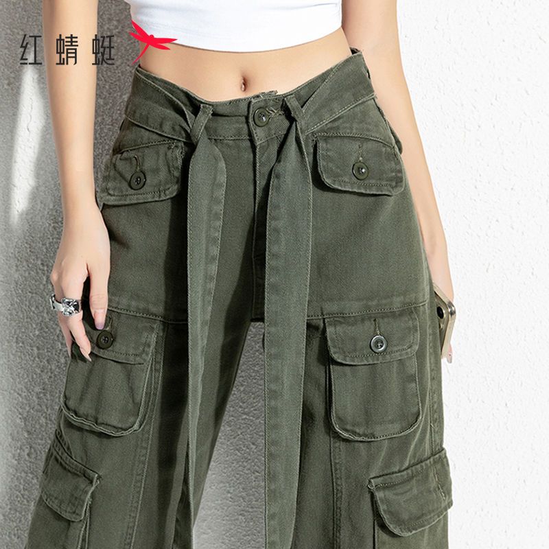 红蜻蜓美式嘻哈工装裤女夏季新款高街设计感阔腿拖地柔软牛仔裤女