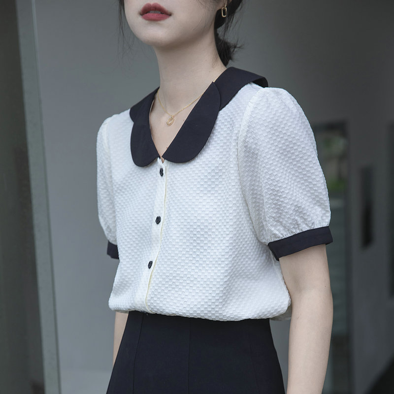 法式复古撞色设计感短袖衬衫女2022年新款职业夏季华夫格上
