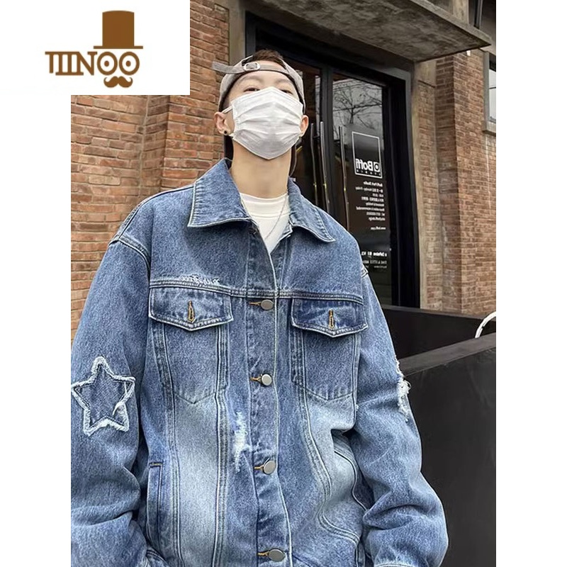 YANXU黄泥染牛仔外套男秋季美式高街潮牌复古上衣oversize毛边vibe夹克高清大图