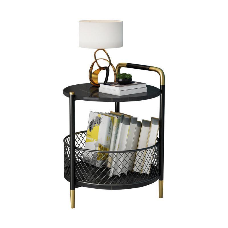 森美人北欧轻奢双层边几客厅沙发边桌岩板储物小茶台阳台圆桌小户型角几 劳伦黑金岩板加篮子直径50cm