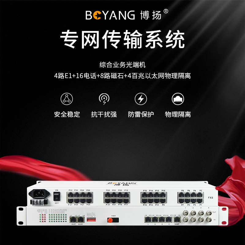 博扬 综合业务光端机 4E1+16电话+8磁石+4百兆以太网物理隔离 单纤一对价BY-4E1-16P8H4FV-60KM